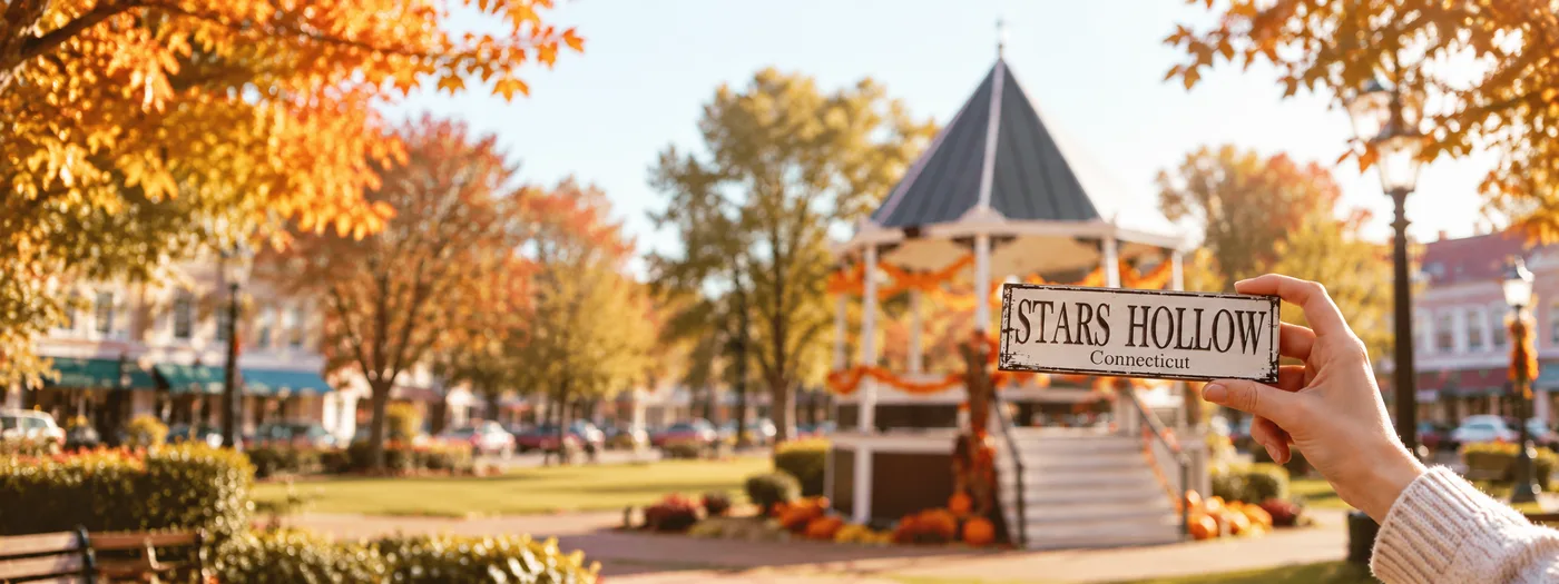 Una mano sostiene un cartel de Stars Hollow, Connecticut, frente al quiosco de la plaza en otoño