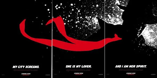 Pósters de The Spirit con su corbata roja y las frases «My city screams», «She is my lover» y «And I am her spirit»