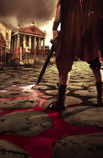 Un soldado romano con una espada ensangrentada frente a un templo en el póster de Roma
