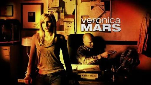 Veronica Mars y su padre en la oficina de detectives junto al logo de la serie