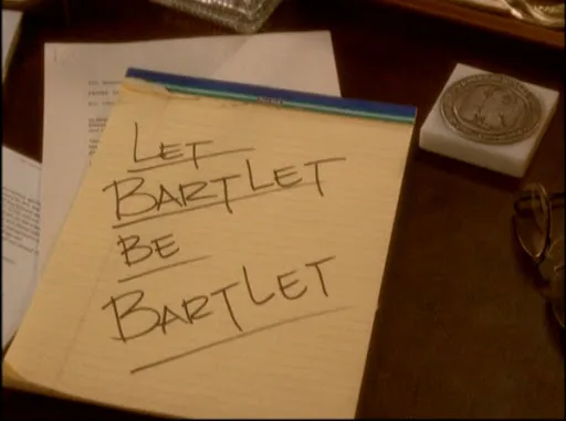 Un cuaderno amarillo con la frase «Let Bartlet be Bartlet» escrita a mano