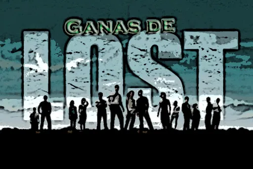 Logo de Lost con el texto «Ganas de» y las siluetas de los supervivientes en la playa