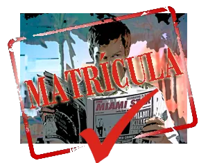 Sello rojo de «Matrícula» con una marca de verificación sobre una imagen de Dexter