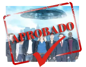 Sello rojo de «Aprobado» sobre una imagen de V con una nave nodriza