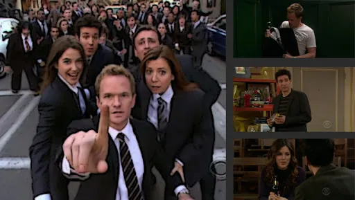 Barney señala a cámara rodeado de la pandilla trajeada en How I Met Your Mother