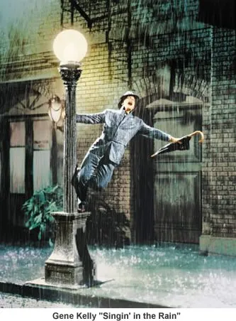 Gene Kelly colgado de una farola bajo la lluvia en Cantando bajo la lluvia