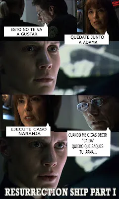 Viñetas con escenas de Battlestar Galactica y el título «Resurrection Ship Part I»