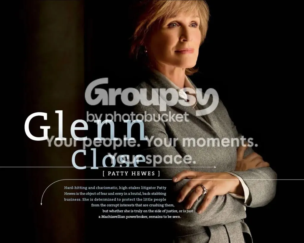 Póster de Glenn Close como Patty Hewes con el aviso de Photobucket superpuesto