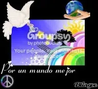 Una paloma y un arcoíris con el texto «Por un mundo mejor» y el aviso de Photobucket superpuesto
